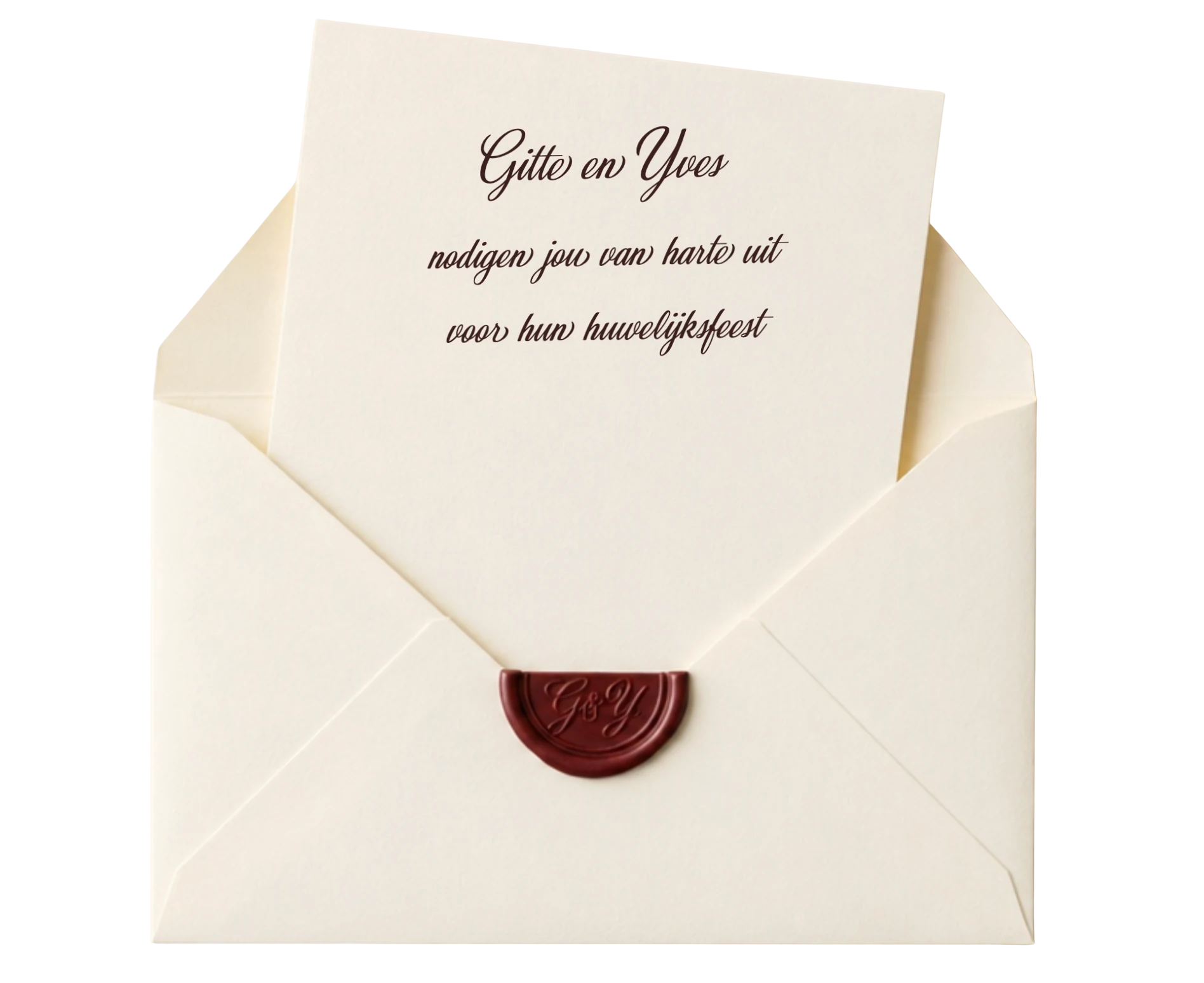 Open envelop: Gitte en Yves nodigen jou van harte uit voor hun huwelijksfeest